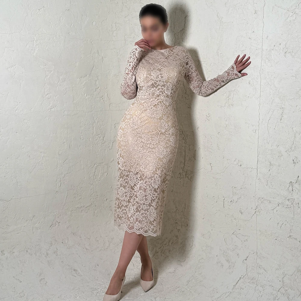 Customized Champagne Simple Lace Evening Dress O-neck With Full Sleeves Slit Party Dress Mermaid Tea-Length Prom Gown