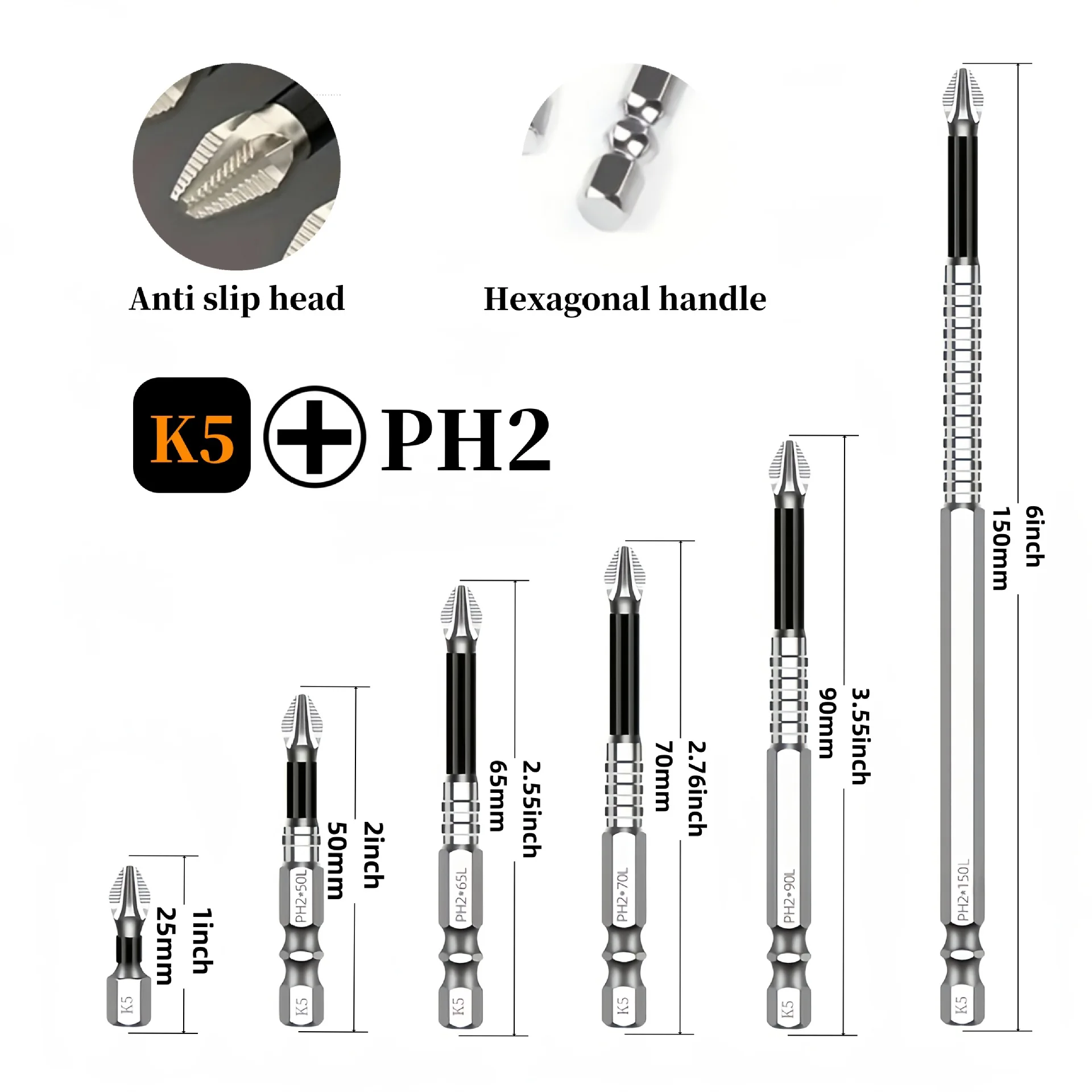 6-12pcs K5 High Hardness S2 And Strong Magnetic Bit 25/50/65/70/90/150mm Non-slip Cross High Hardness Electric Hand Drill Screw