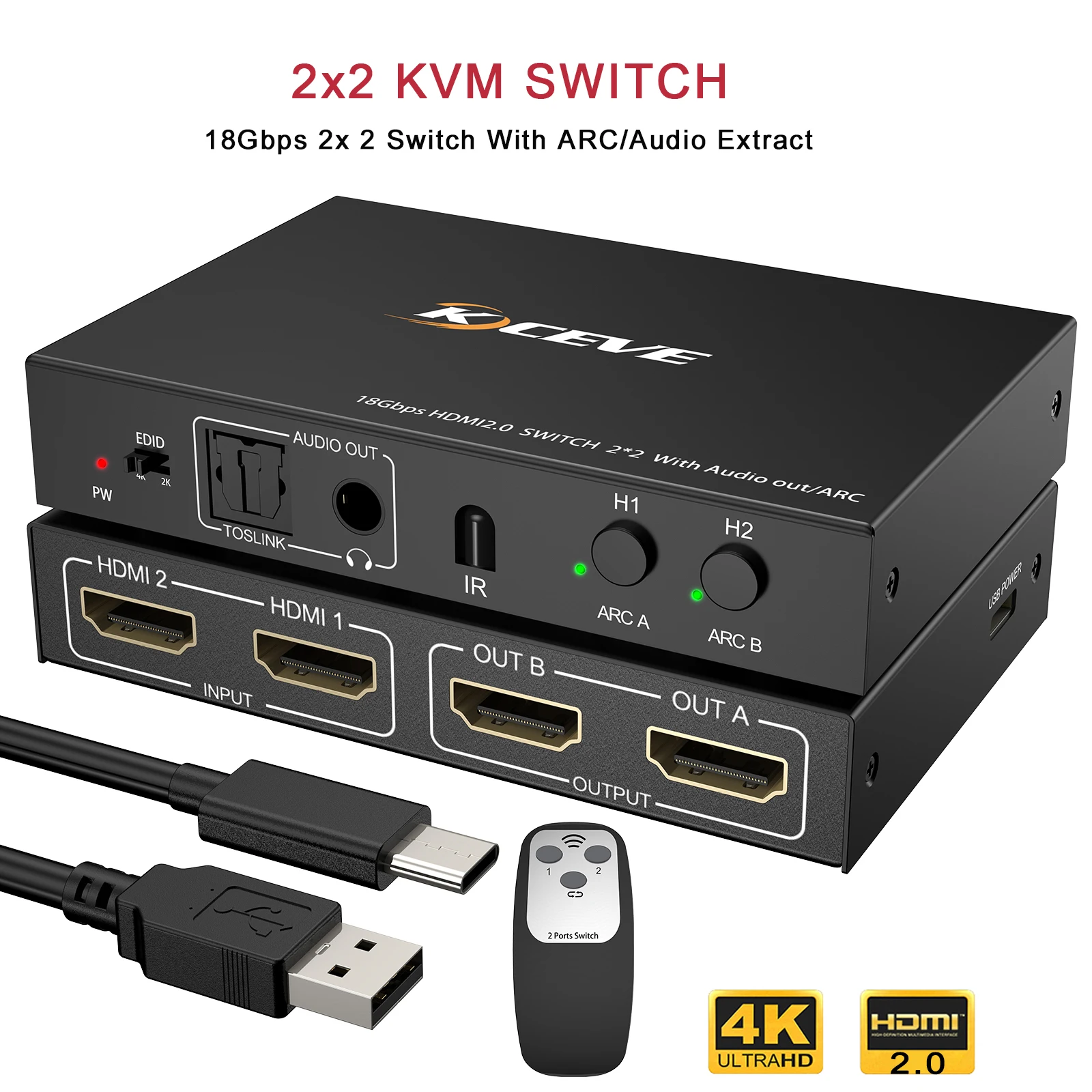 Interruttore KVM 2x2 interruttore Dual Monitor 18Gbps con estratto ARC/Audio Display 4K HD Switcher supporto Audio telecomando Wireless