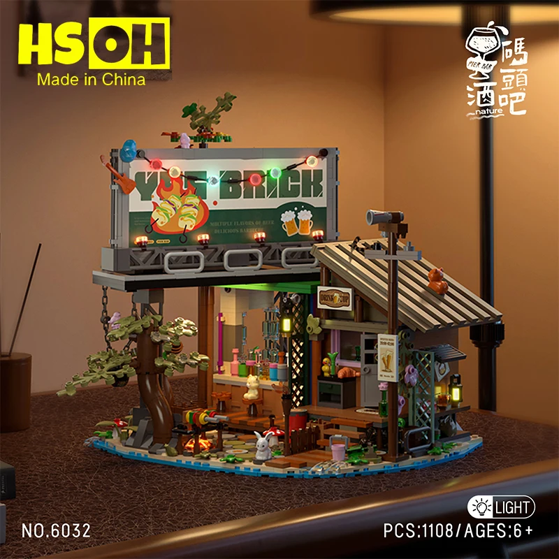 

1108PCS Pier Bar Building Blocks Set Street View Series DIY Creative Model with Lights Puzzle Bricks Gift for Adults & Kids Gift