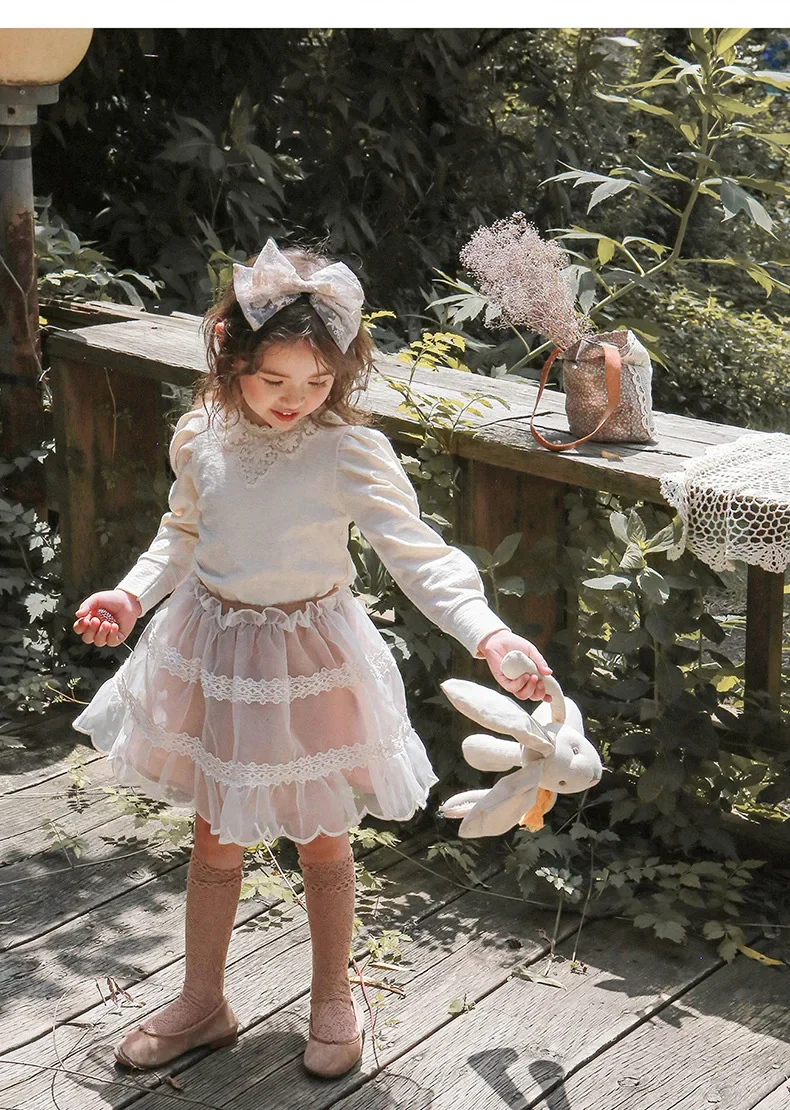 Kids Clothing for Girls Base Shirt 2023 New Korean Puff Sleeve Fashion Solid Color Lace Sweet Princess Cute Cotton Soft O-neck