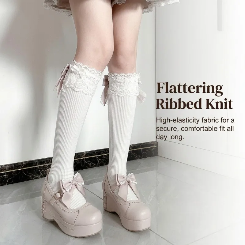 Gerippte kniehohe Damensocken mit Spitze und Schleife, elegante Baumwoll-Wadensocken, weiche, atmungsaktive Freizeitsocken für Lolita, Alltagskleidung, Geschenk – Detail 5