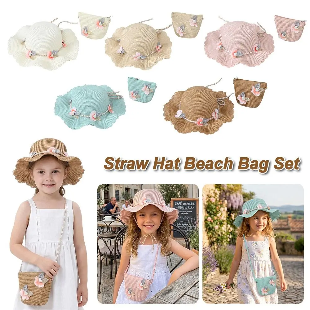 

2Pcs/Set Wide Brim Straw Hat Beach Bag Set Sun Hat Tote Bag Straw Wide Hat Flower Design Breathable Sun-protective Hat
