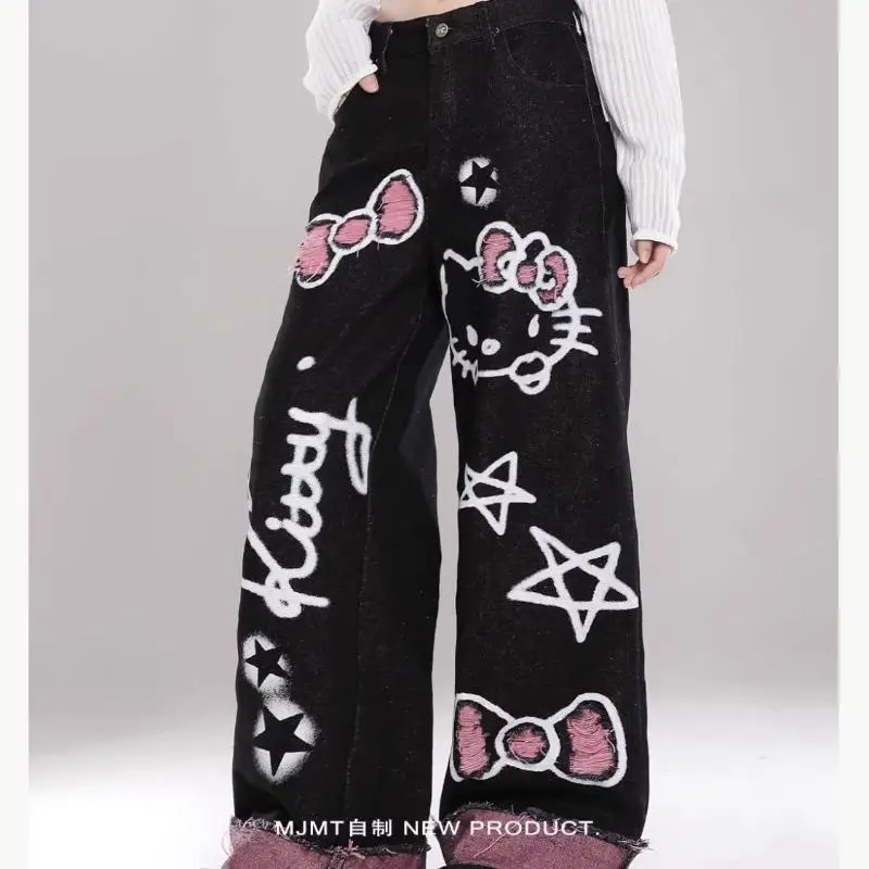 

Sanrio Hello Kitty Bow Cartoon Graffiti Printed Fashion Jeans Women's Autumn Winter New Loose Wide Leg Pants Straight Trousers