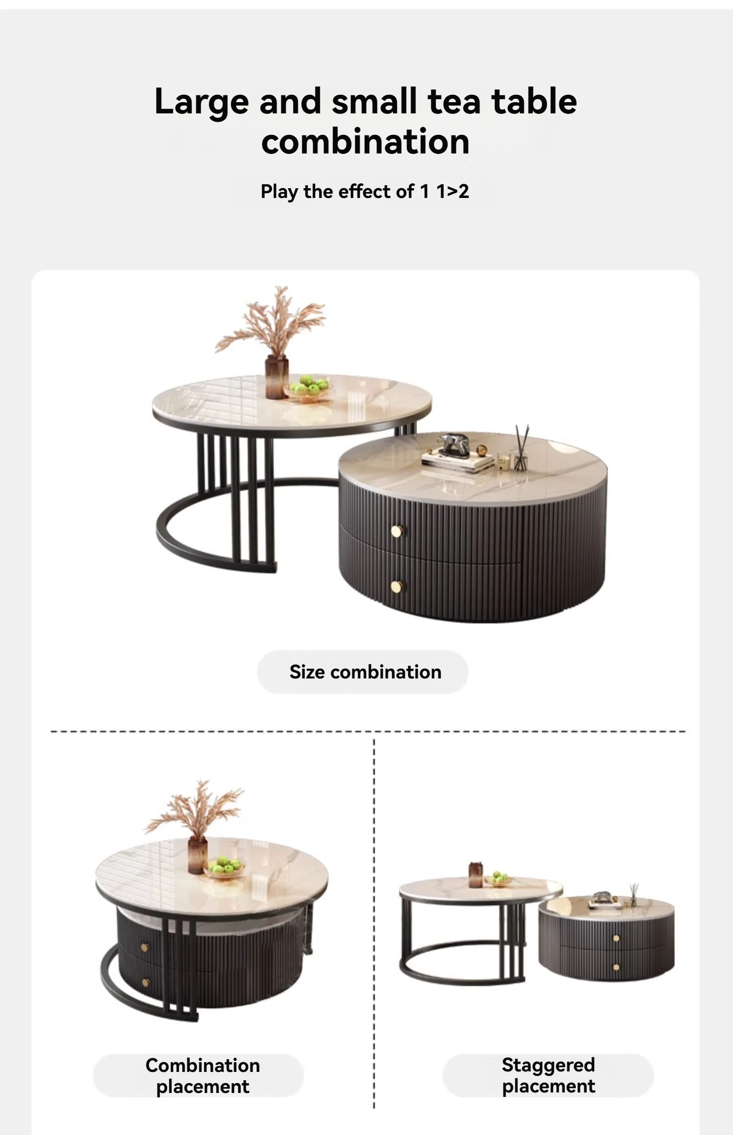 For Modern Round Nesting Coffee Table Fluted with Drawer for Home Living Room 31.5'' Extendable Coffee Table with Storage&Wheels