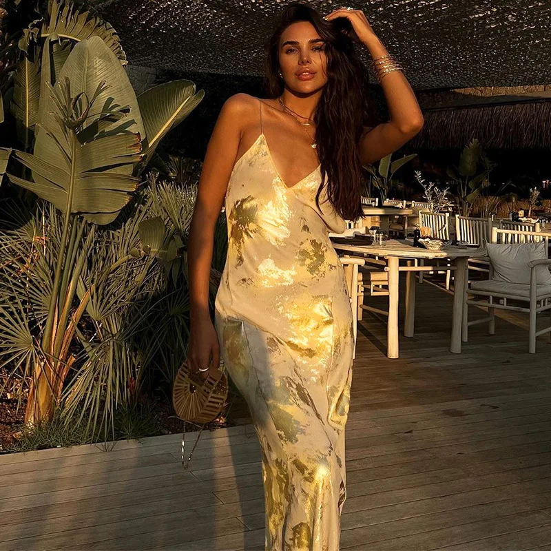 Gold Elegant Bodycon Dress Foil Fragmented Women Backless Maxi Evening Gown Club Sexy Stamped Luxury Long Dresses 2024