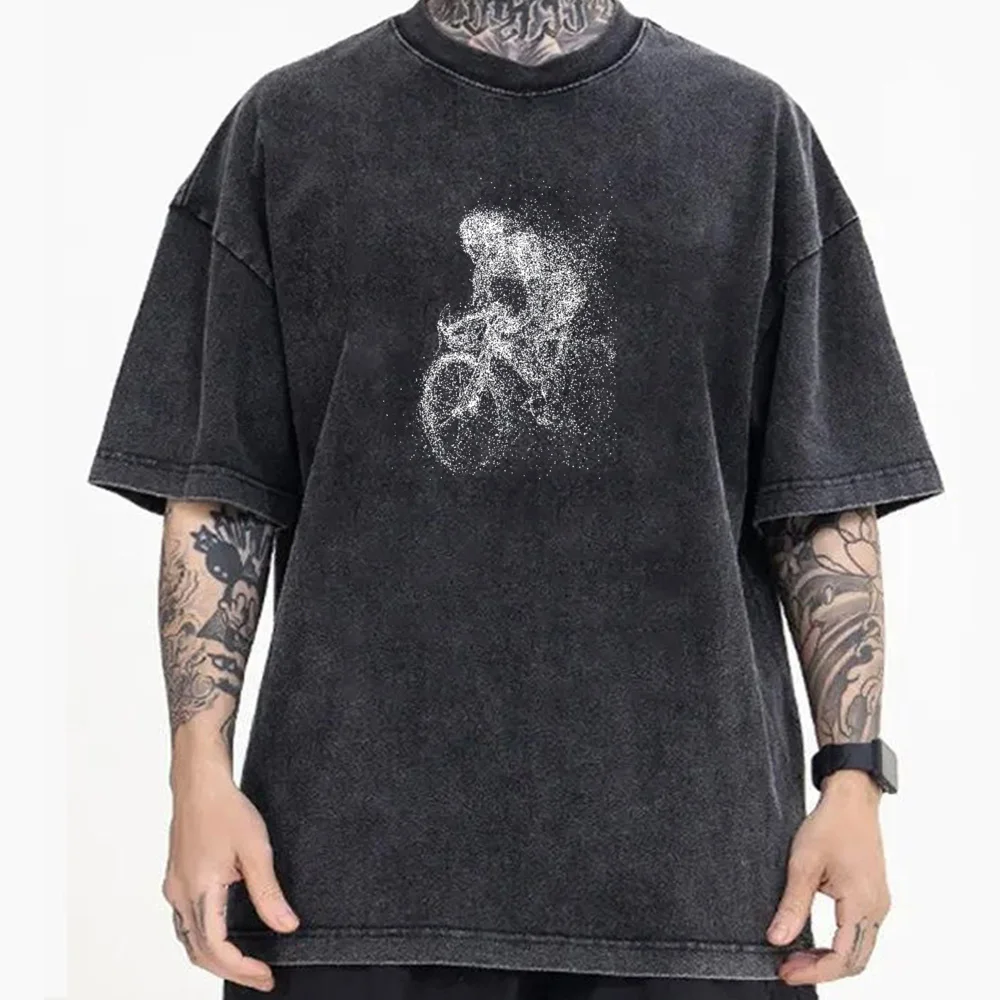 

Bike Cyclist Particles Tops Tees Cute Round Neck Design Short Sleeve Cotton Men's Washed T Shirt Slogan Washed T Shirt