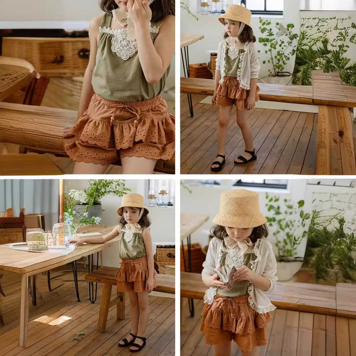 2024 Summer Korean Girls and Girls Retro Cotton Multi layered Lace Sweet Shorts  kids clothes