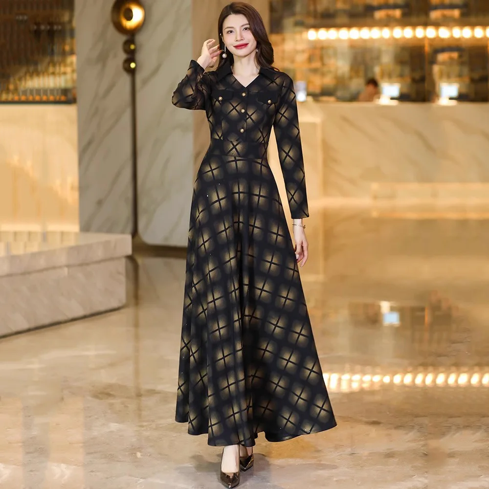 

New Women Spring Autumn Plaid Dress Fashion V-Neck Long Sleeve Slim Waist Long Dress Elegant Exquisite Mid-Calf Dress