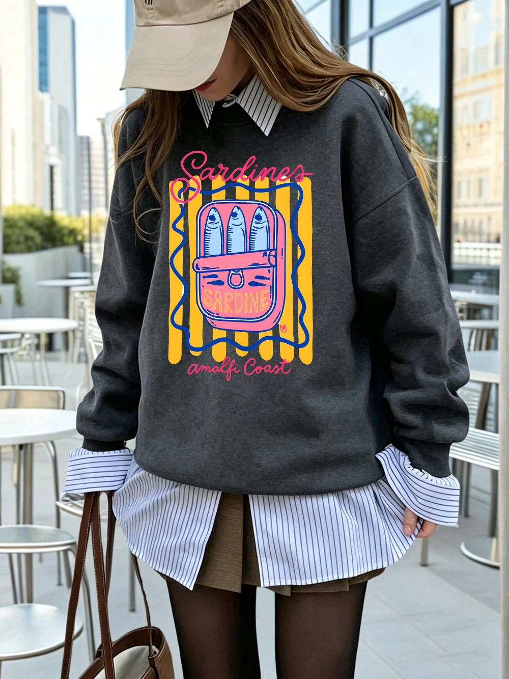 Sardines Amalfi Coast Prints Sweatshirts für Damen, Fleece, warm, bequem, Kapuzenpullover, Rundhalsausschnitt, lockere Oberteile, Winter, lässige Damenkleidung – Detail 20
