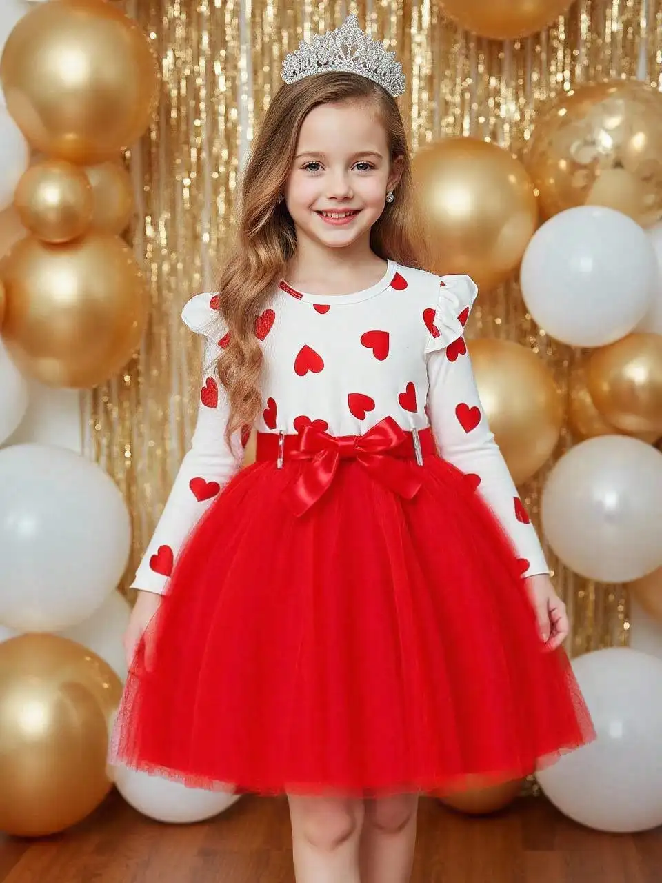 

Girls' Heart Print Long Sleeve Tutu Dress with Satin Bow Belt