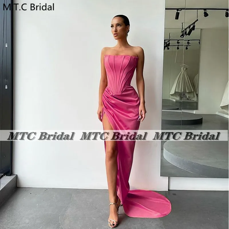 

Hot Pink Strapless Long Prom Dresses Side Slit Corset Shiny Silk Satin Women Formal Party Occasion Dress Custom Made