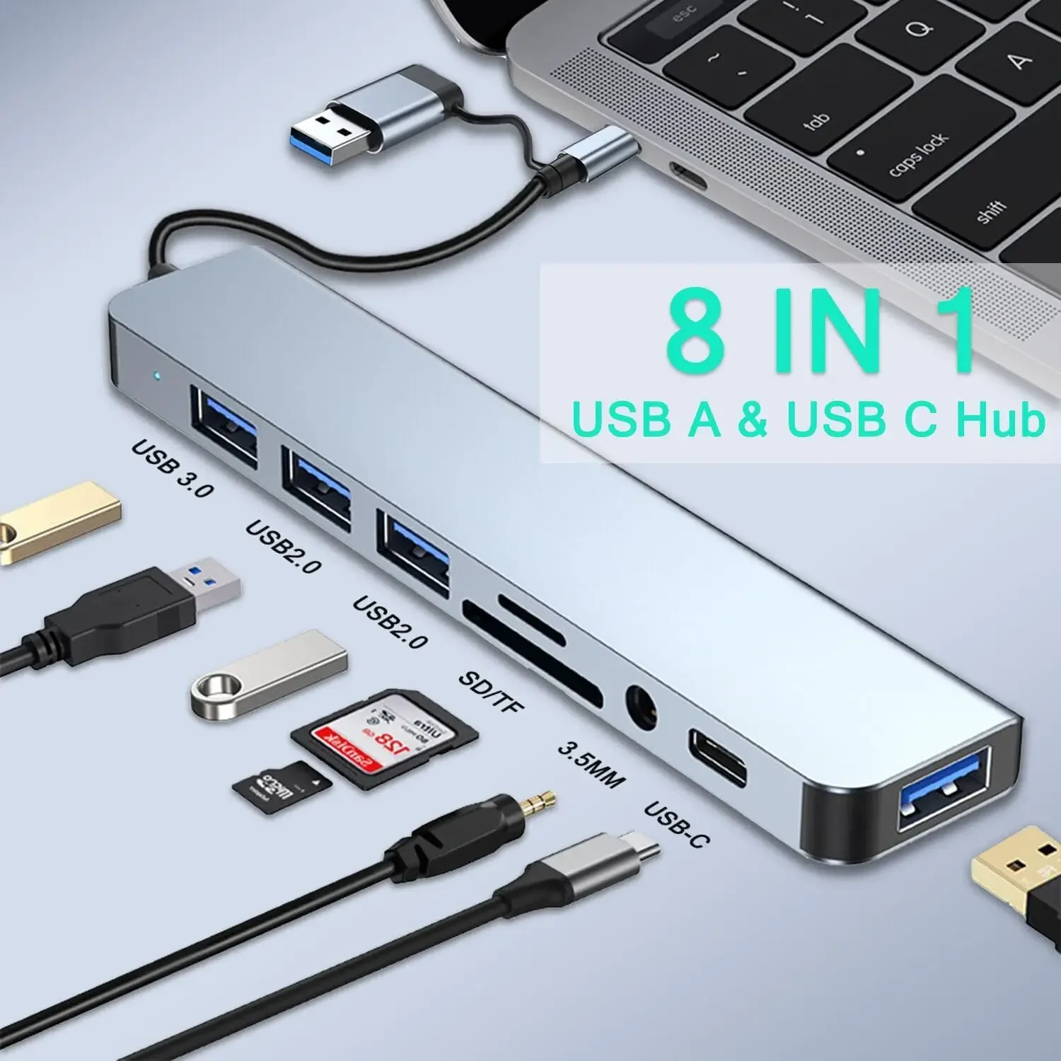 محور USB 8 في 2 مع قارئ بطاقات مقسم، منفذ USB C، USB 3.0 / 2.0، قارئ بطاقات مقسم SD/TF، محطة إرساء