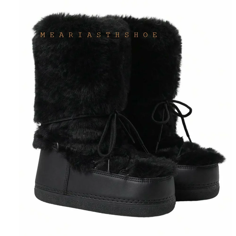 white Winter Snow Boots Fur Boots Women Fluffy Fuzzy rabbit hair Fur Boots Middle Calf Platform White Furry Boots size 35-40 view 6