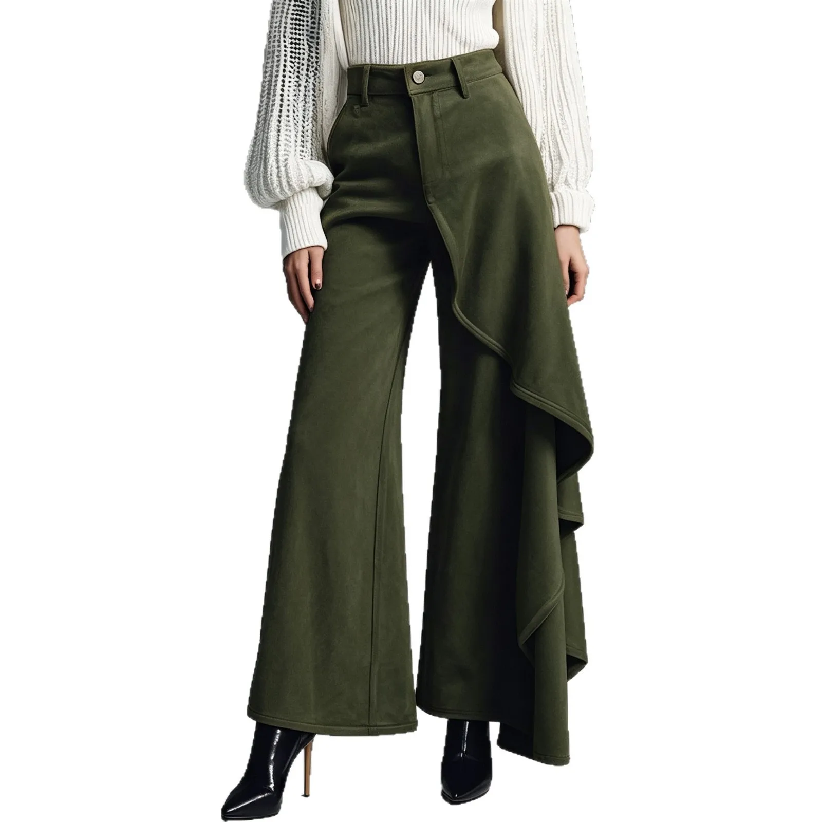 Asymmetrical Hem Pants Wide Leg High Waist with Slight Stretch Temperature Setting Individual Streetwear Full Length Women Pants