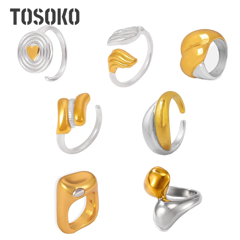 TOSOKO Anillo de empalme de dos colores con geometría abierta, combinación de accesorios de acero de titanio, tendencia A072
