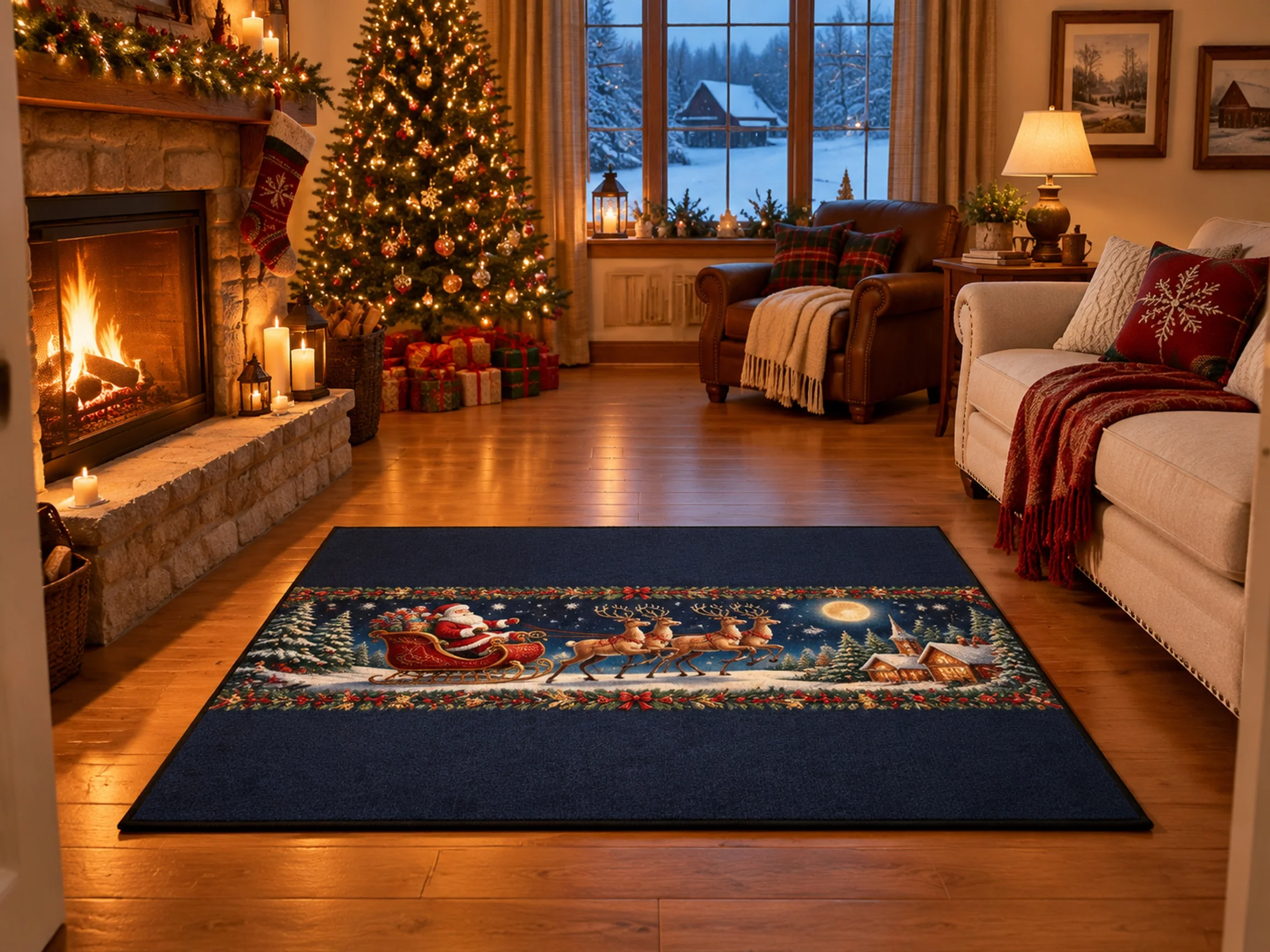 VIKAMA Christmas Midnight Blue Sleigh Flannel Door Mat, Memory Foam Anti-Slip Mat, Xmas Decor for Entryway, Front Door