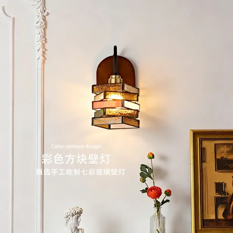 Vintage Mediterranean Stained Glass Wall Lamp Japanese Retro Style Sconce for Living Room Background Balcony Corridor Aisle