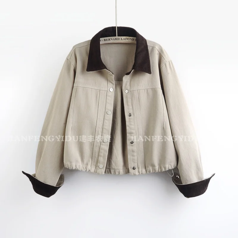 Autumn Vintage Contrast Color Lapel Short Corduroy Jacket Coffee Color Green Beige Loose Casual Long Sleeve Female Cropped Outer