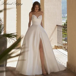 Lceland Poppy Customized A Line Strapless Satin Wedding Dresses Floor Length Pleated High Split Bridal Gowns with Side Pockets