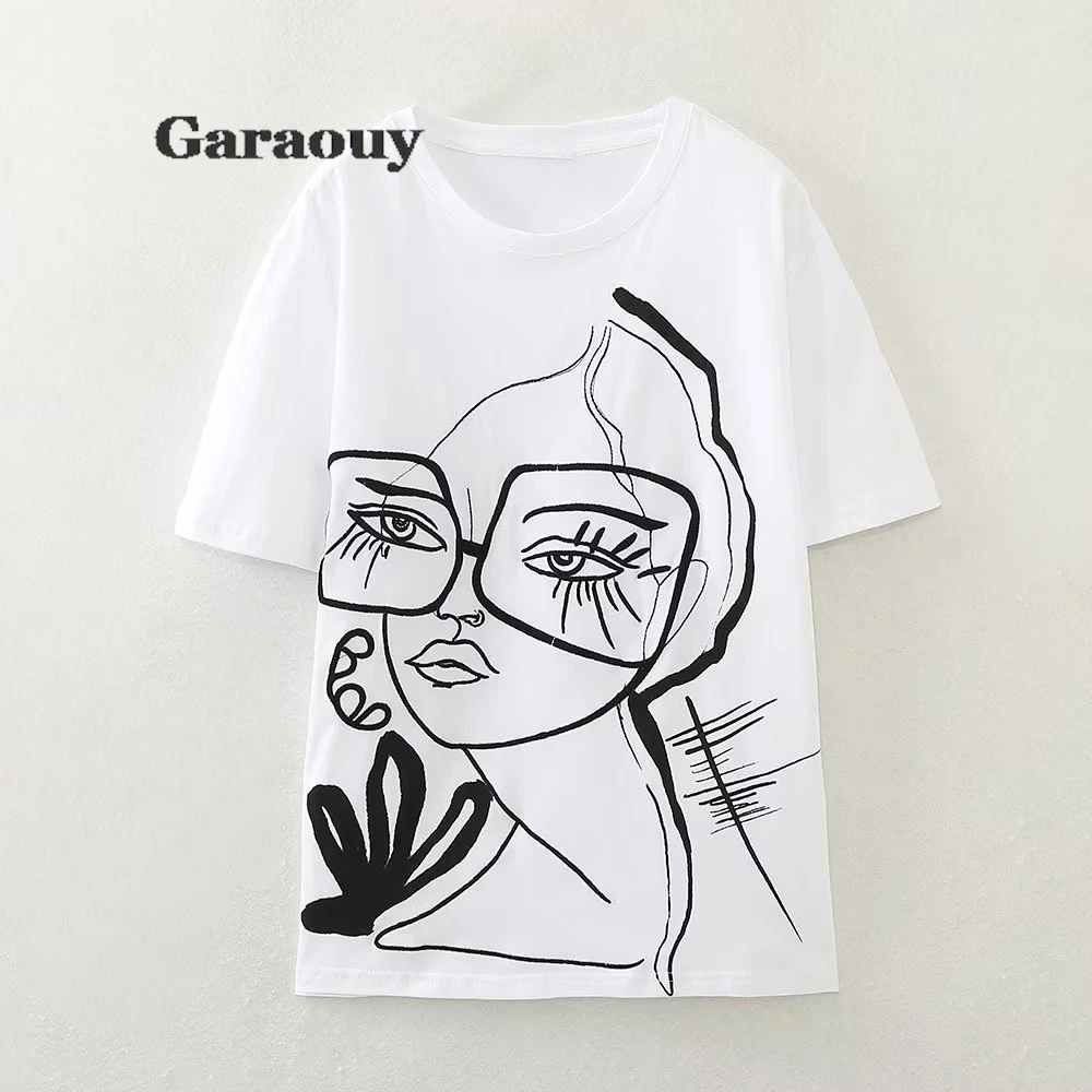 Garaouy 2024 New Spring Summer Women\'s Round Neck Short Sleeve White Loose T-Shirt Graphic Print Decorative Tees