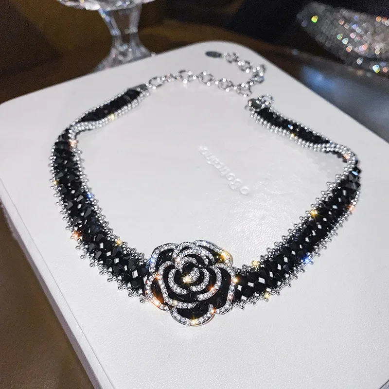 

luxury design Pearl Flower Crystal Necklaces for woman Personalized Collar Chain Camellia Neckpiece Female