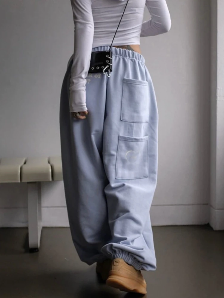 Y2K solid color loose sports pants for women, elastic waist drawstring wide leg jogging pants, street wear casual pants