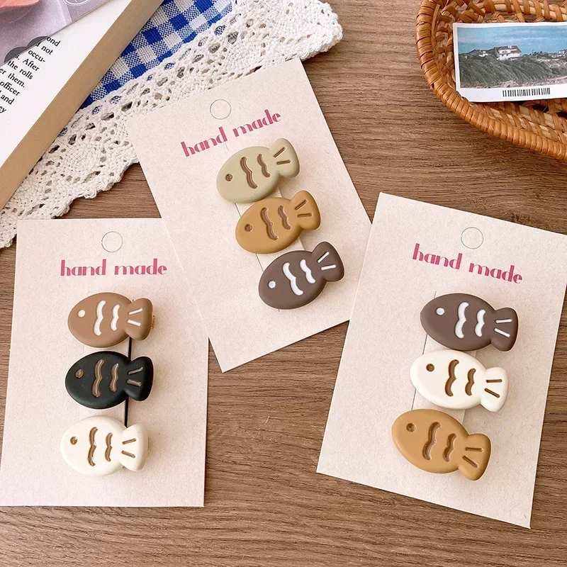3pcs Instagram Cute and Funny Autumn and Winter Beige Coffee-colored Taiyaki Small Fish Hair Clips and Hair Accessories