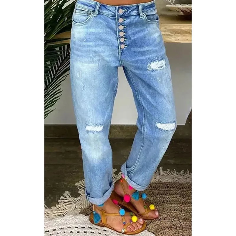 Midiross-Jeans de perna reta para mulheres, cintura baixa, mosca de botão, calça jeans rasgada, calça casual solta