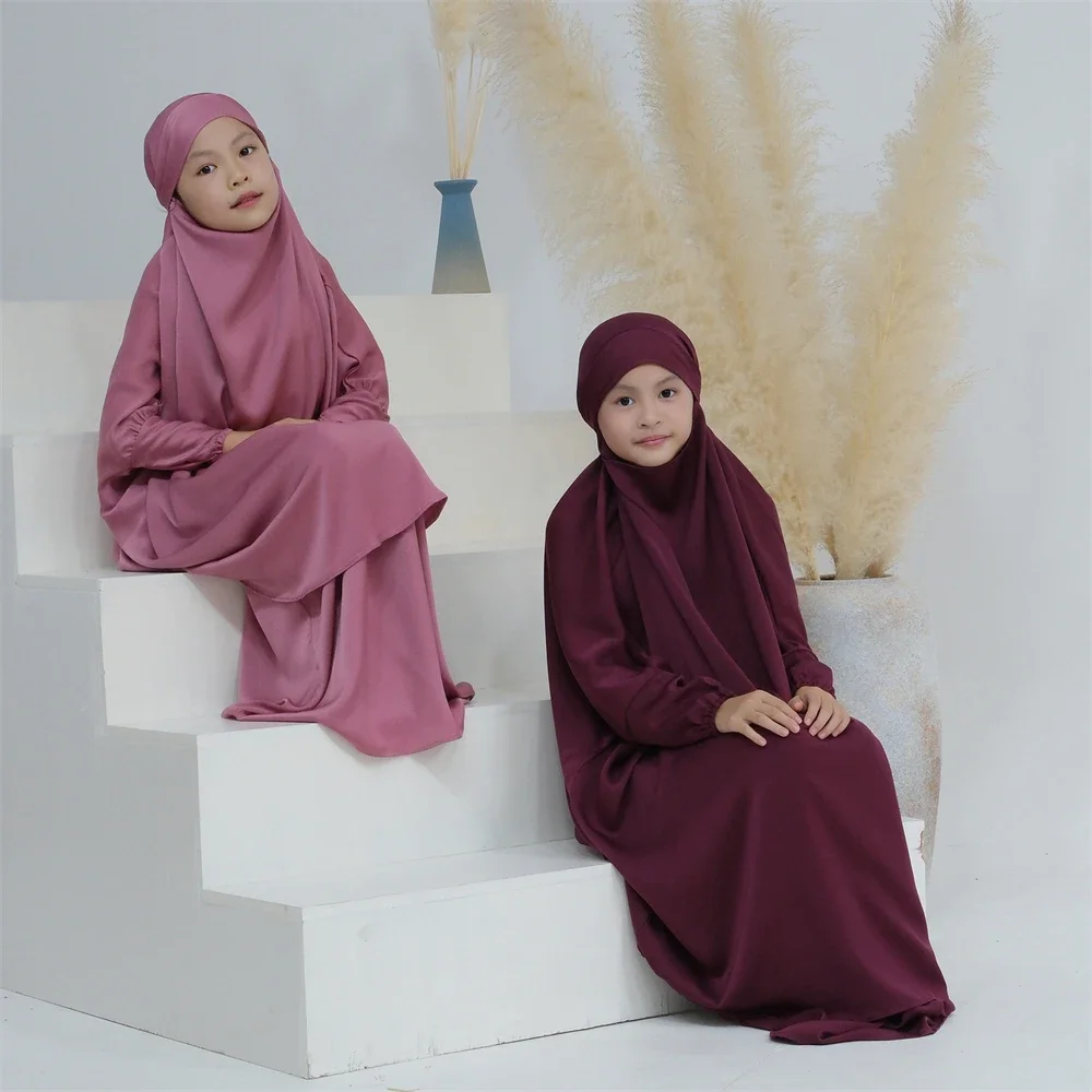 Jilbab-Ensemble 2 pièces en satin pour filles, robe de prière pour enfants, Hijab, tiens imar Abaya + jupe, Ramadan Eid, vêtements islamiques,