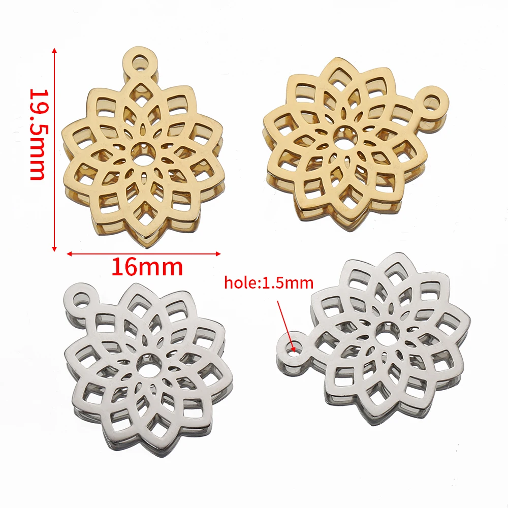 5pcs Stainless Steel Lotus Charm Gold Color Round Tag Hollow out Flower Pendants for Jewelry Making Bracelet Necklace Craft