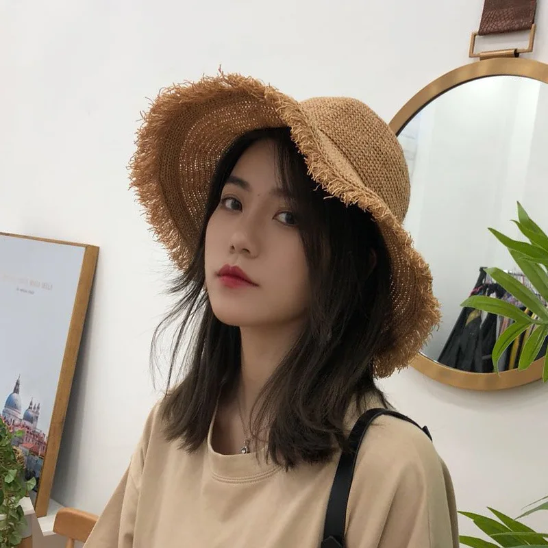 Summer Sun Hat Women Panama Hats for Women Wide Large Brim Beach Sun Hats Solid Visor Hat Straw Cap Female Bucket Hat