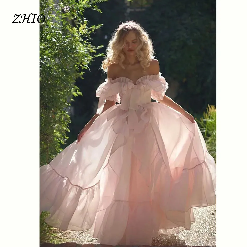 ZHIO-vestidos de graduación elegantes y bonitos de color rosa para mujer, vestido de fiesta hasta el suelo con escote en forma de corazón y hombros descubiertos, vestido de fiesta femenino a la moda de princesa de hadas