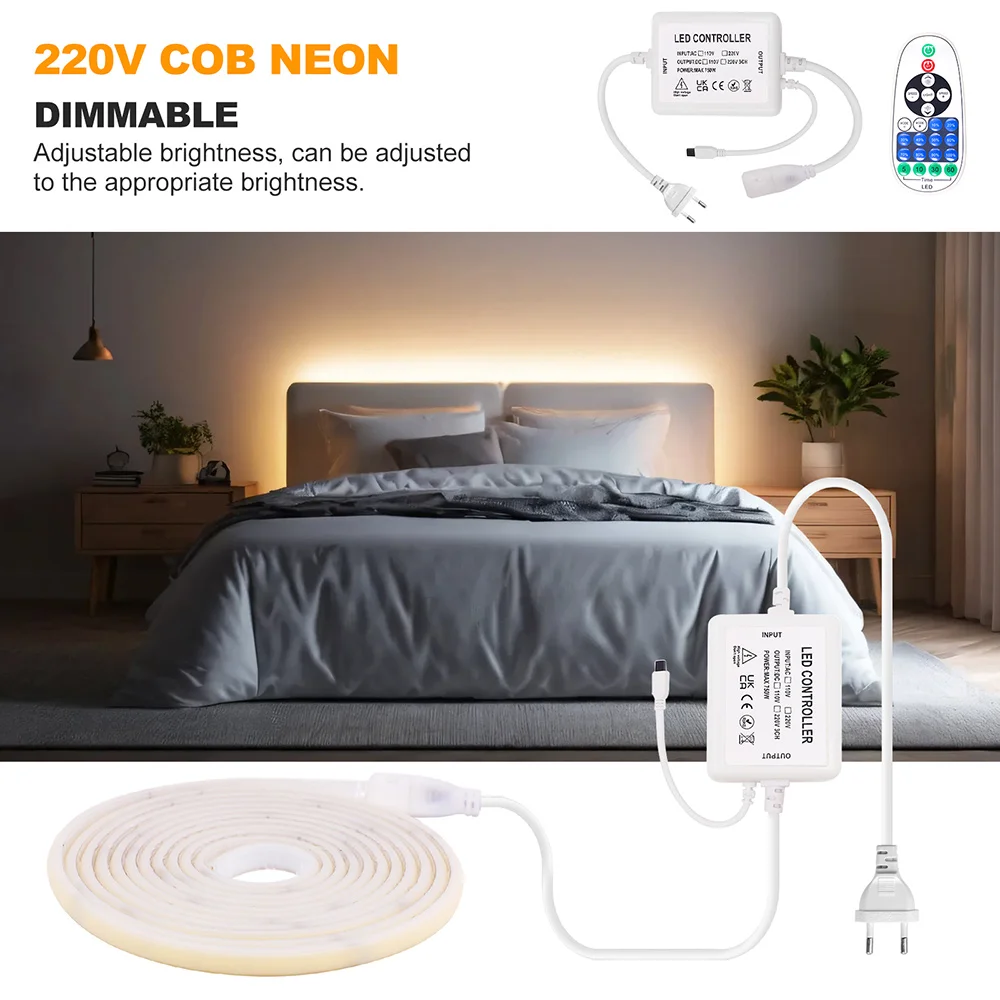 Wifi Bluetooth COB LED Neon Strip Light Wall Touch 23key Remote Control 220V Dimmer Power Kit 5m 10m 20m 0.5m 240LED/m Flex Lamp image 3