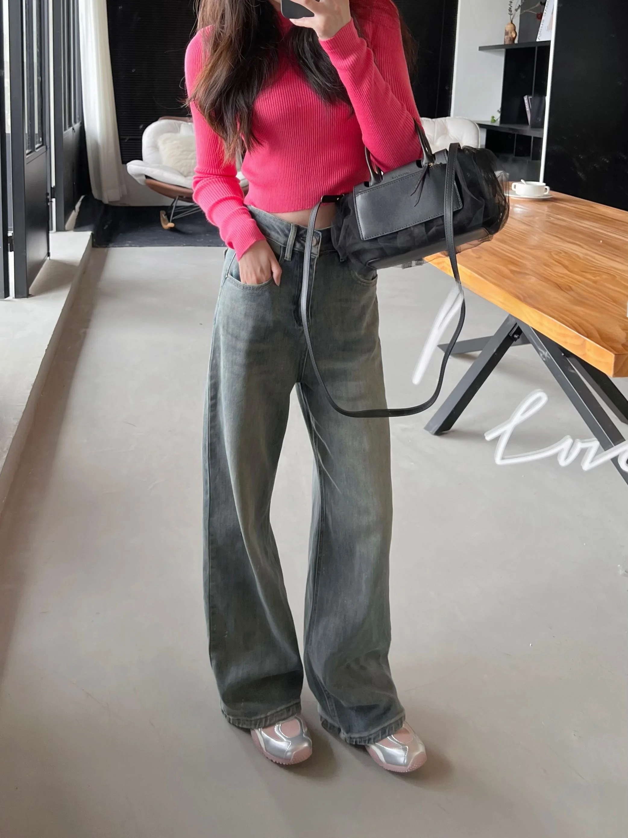 

High Waist Comfortable Loose Straight Leg Denim Jeans Women's Spring New Sle Vintage American Retro Cotton Stretchl