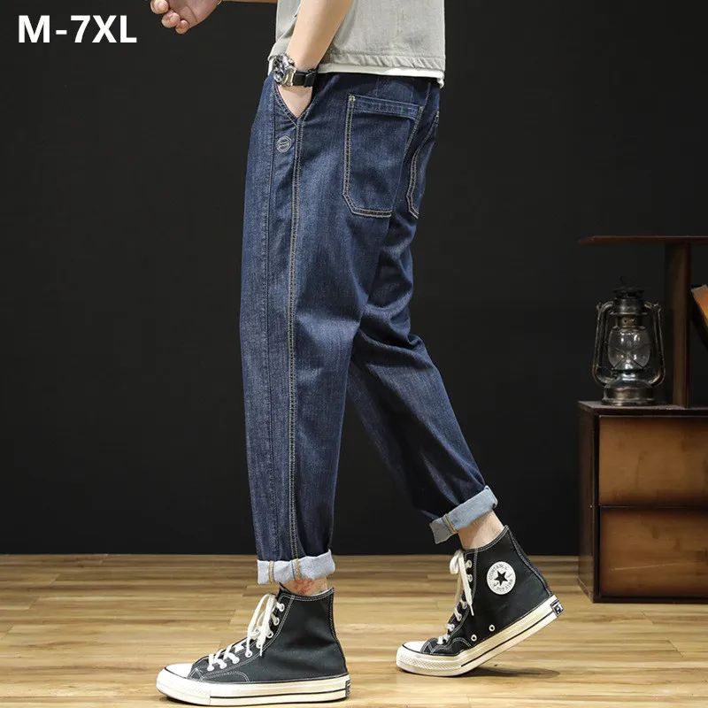 Pencil Jeans Plus Size 7XL 6XL 5XL 4XL Loose Stretched 140KG Men Popular Casual Big Large Ankle Length Pants Denim Trousers