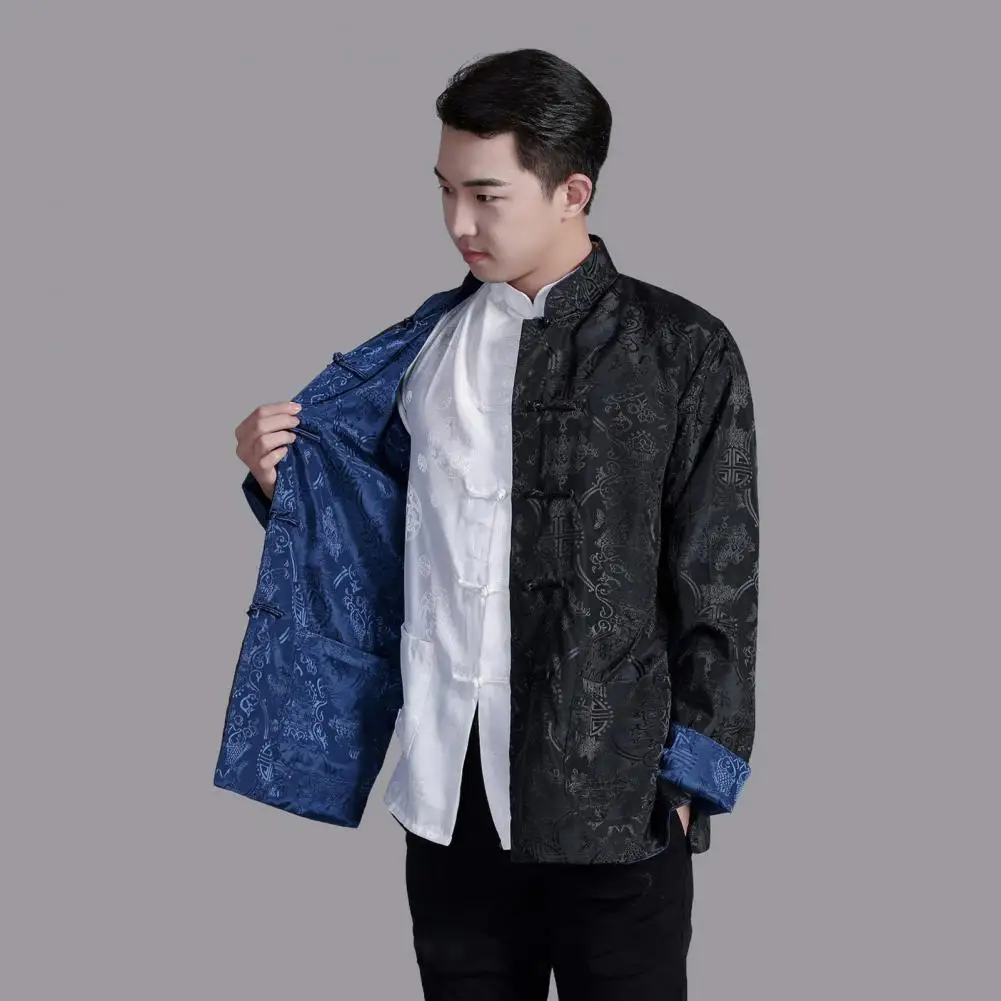 Men Chinese Style Shirt Chinese Style Men's Tang Suit Stand-up Collar Shirt Reversible Satin Top with Auspicious Print for Wear