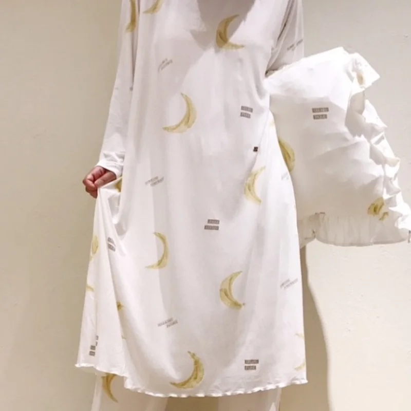 Japanese Soft Modal Contoon Loose Women Sleepwear O-neck Pullover Long Sleeve Nightgown Sweet Print Comfortable Sleepshirts