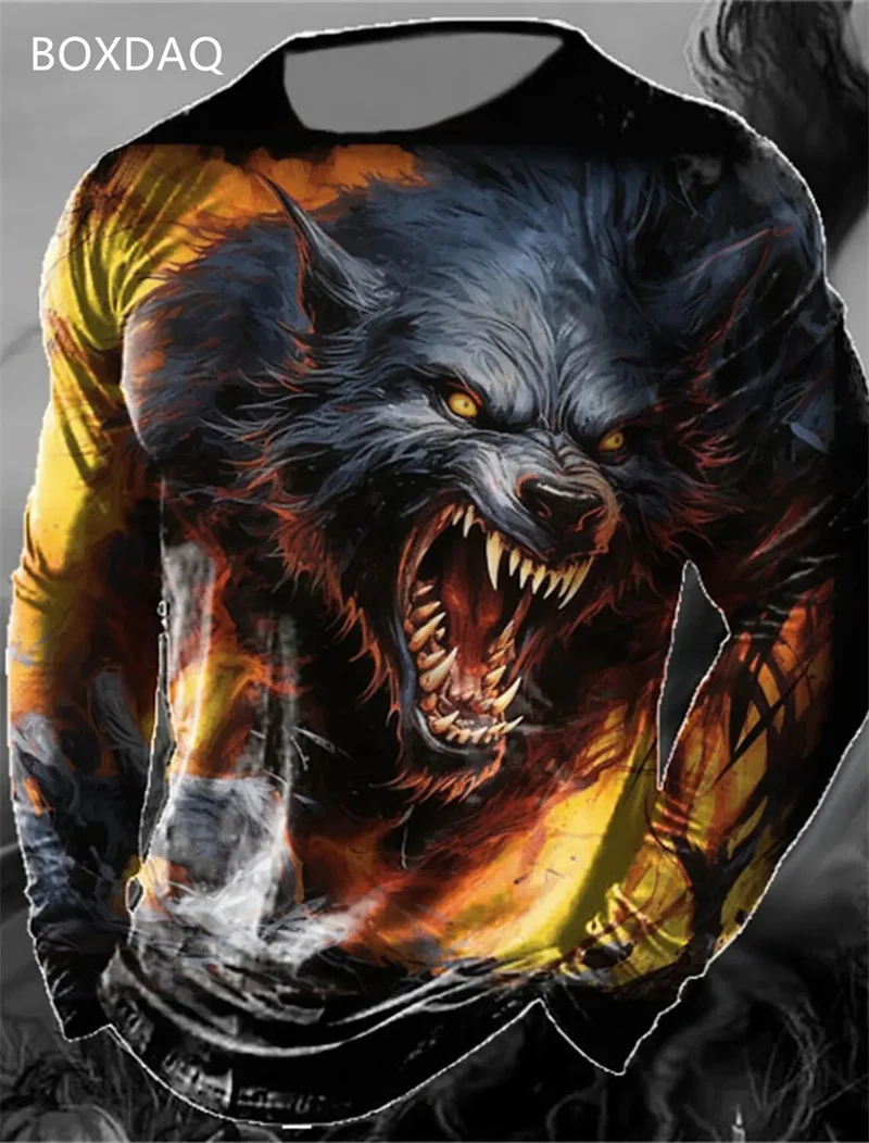 Wolf T-Shirts For Men\'s Long Sleeve 3d Print Animal Street Hip Hop T Shirt Spring Autumn O-Neck Loose Casual Tops Plus Size 6XL