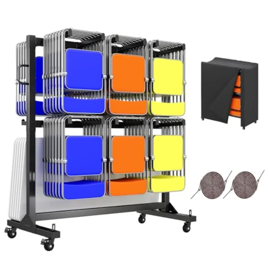 Folding Chair Rack and Table Cart for 84 Chairs or 12 Tables 1100 lbs Capacity PU Wheels Dust Cover Elastic Cords Black