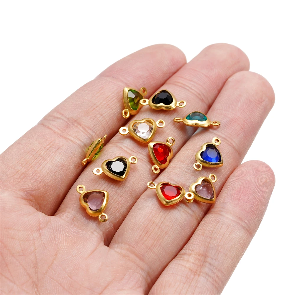 10pcs Stainless Steel Double Holes Heart With Crystal Rhinestones Bracelet Connectors for Necklace Pendants DIY Jewelry Making