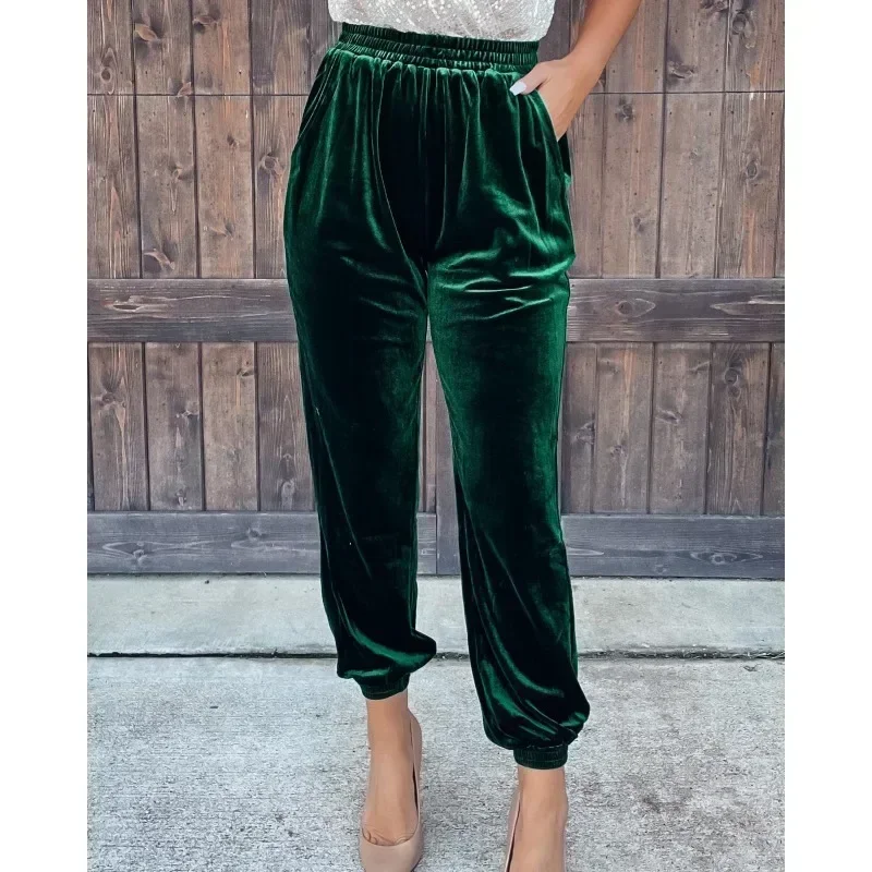 

2024 Autumn Long Pants Fashion Women Winter Straight Pants Elastic Waist Casual Pants Warm Thick Trousers Pantalon Clothes 29668