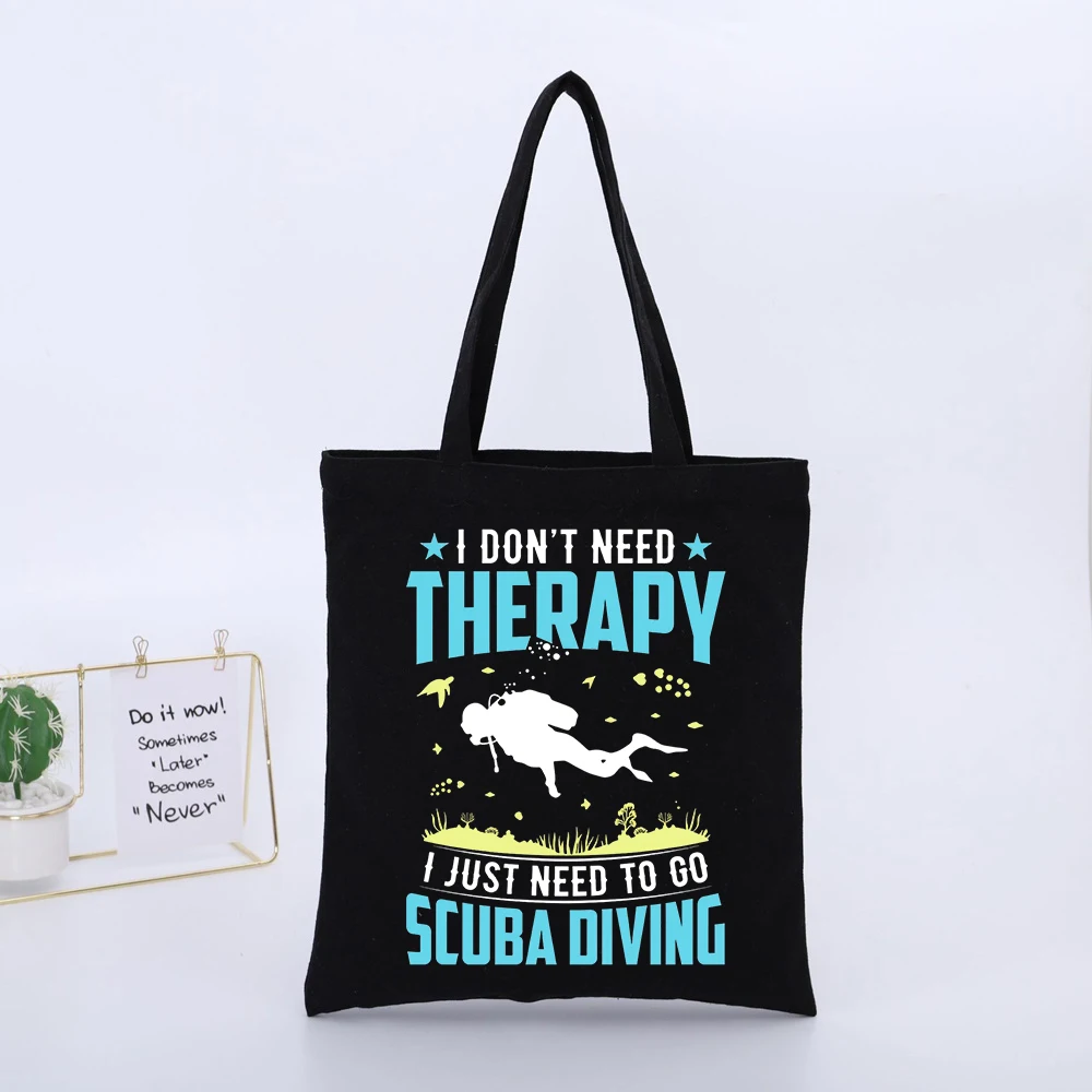Scuba Diving Enthusiasts' Black Canvas Tote Bag with Slogan Print and Diver Graphic, Casual Style for Outdoor Adventures