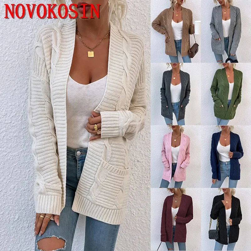 9 Colors Winter Women Knitted Twists Outstreet Coat Oversize Loose Knitwear With Pocket Long Sleeves Cardigan Vintage Sweater