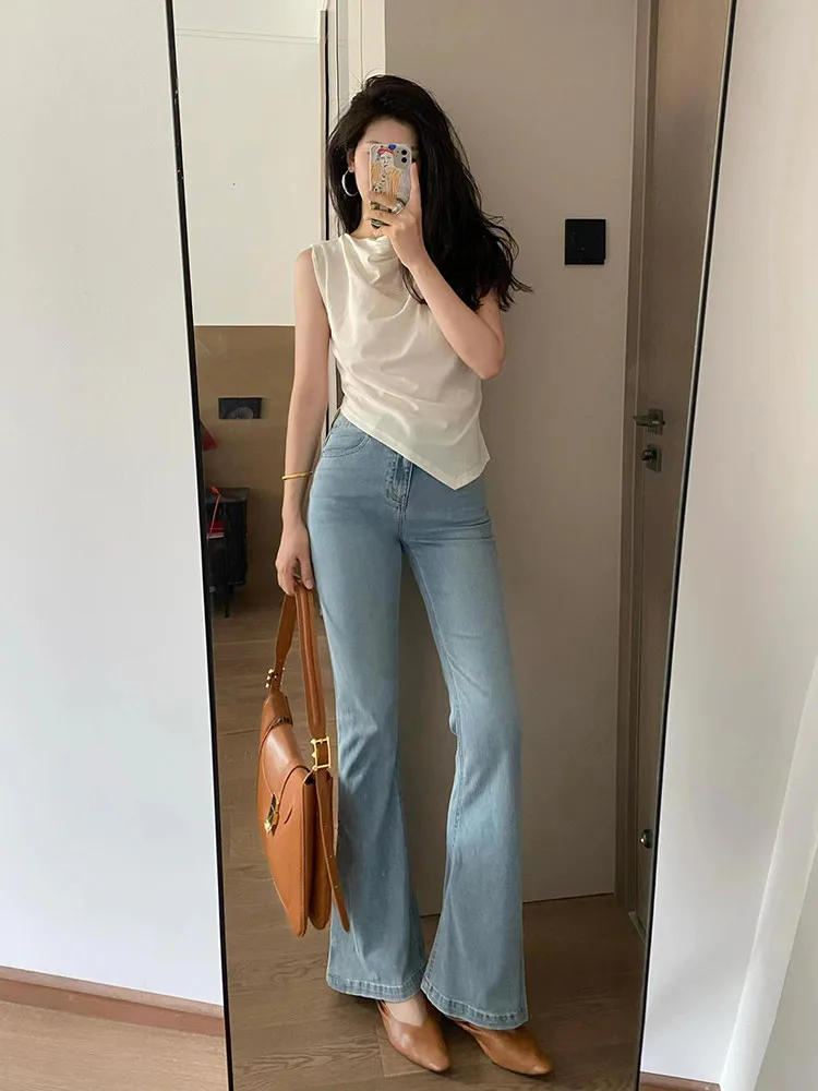 

Светло-голубые женские джинсы с высокой талией, облегающие, с эффектом стройности, микро-клеш, эластичные, удлиненные, длиной в пол