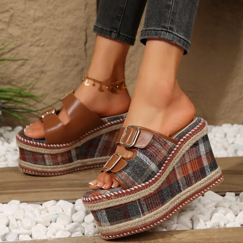 Spliced Fabric Wedge Slippers Summer New Round Toe Open Toe Platform Metal Buckle Non-slip Wear-resistant High Heels