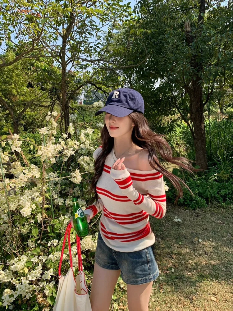 

Женский полосатый трикотажный джемпер Hellokay с открытыми плечами, оверсайз, с круглым вырезом, весенний, повседневный, мягкий, из смесового полиэстера, с длинными рукавами