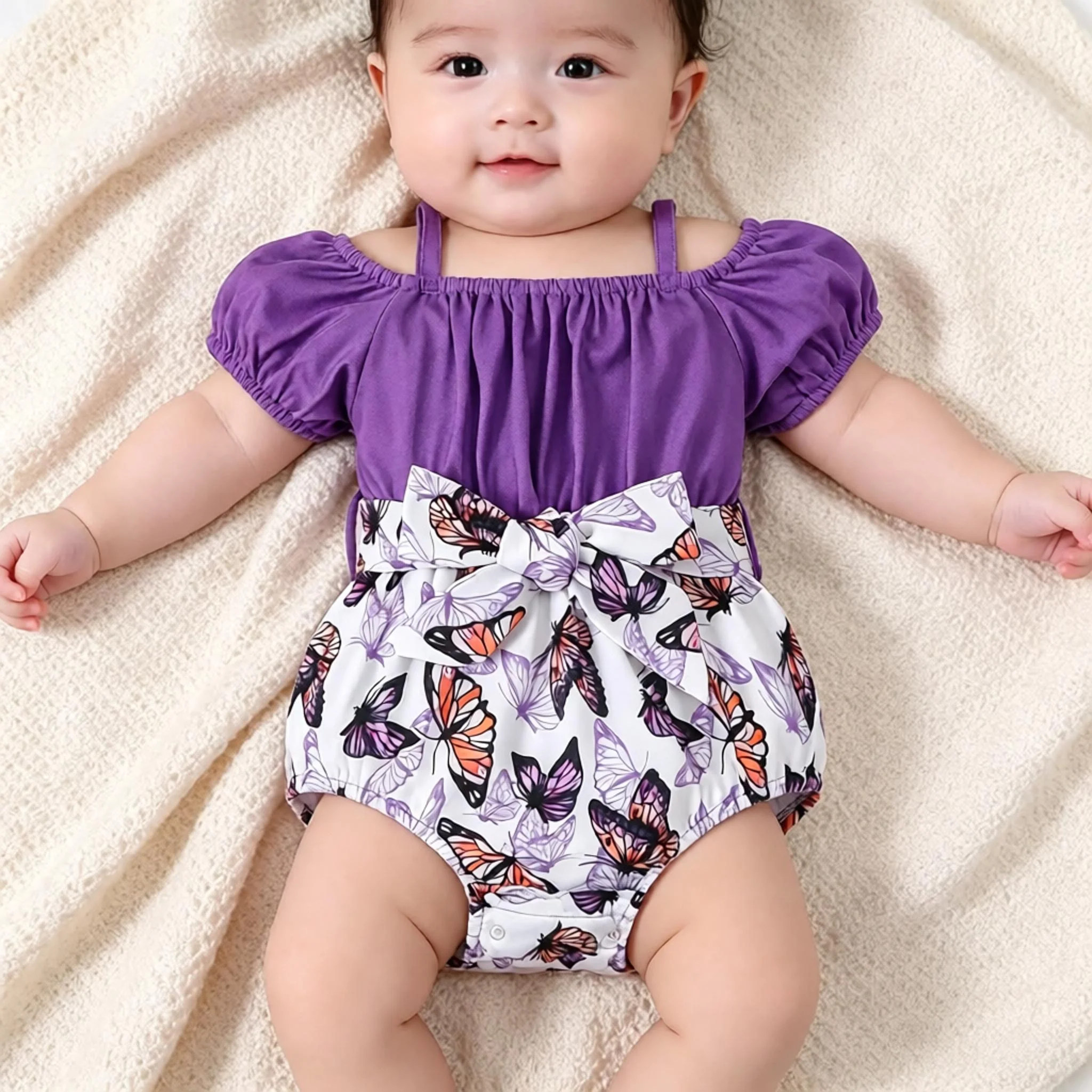 Baby Girl Summer Jumpsuit Casual Solid Color with Lantern Sleeves Butterfly Print Triangle Design And Suspender Fashion Outfit