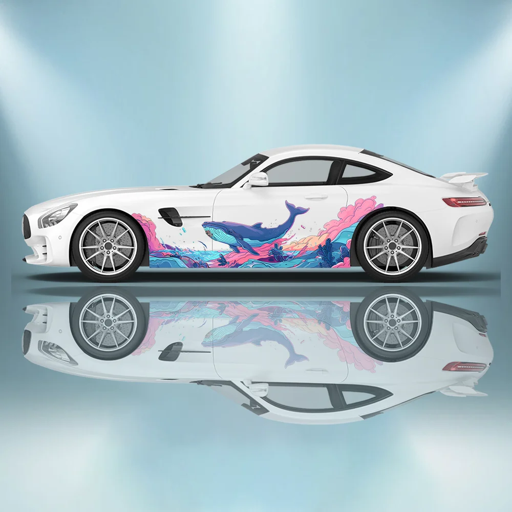 Romantic Whale Pink Sea Wave Car Vinyl Wraps Decal Self-adhesive PVC Sticker Suitable for Trucks SUV Decoration Auto Accessories
