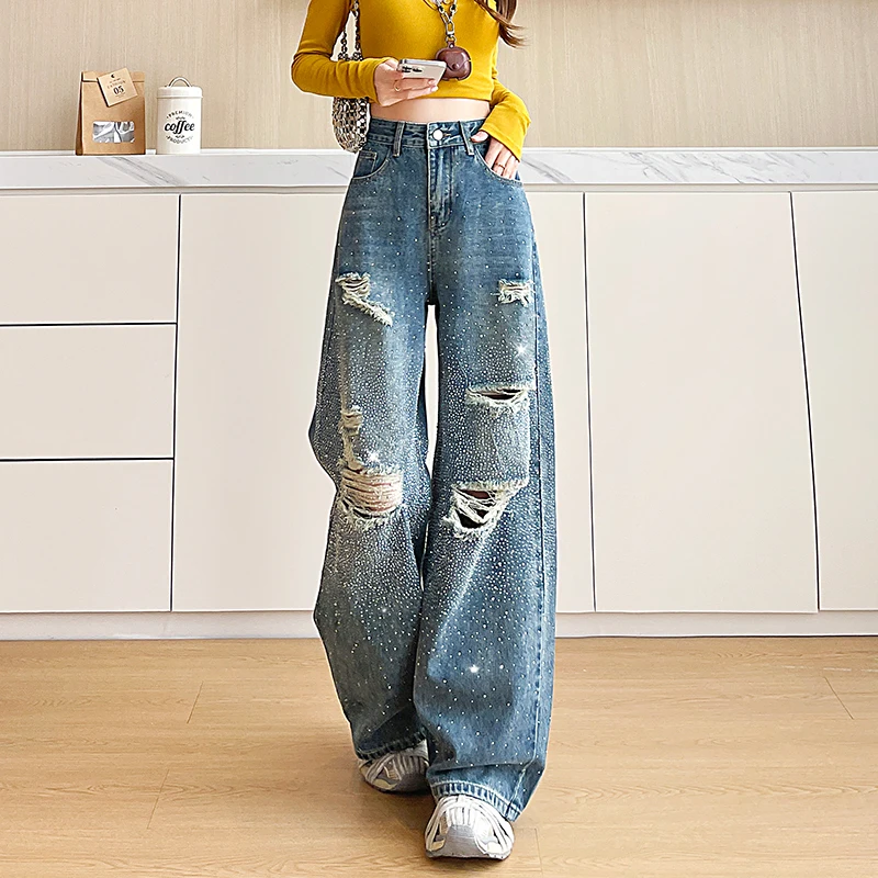KSTUN Women's High Waist Distressed Jeans Wide Leg Denim Pants Rhinestone Design Hollow Out Loose Casual Streetwear Y2K Trousers